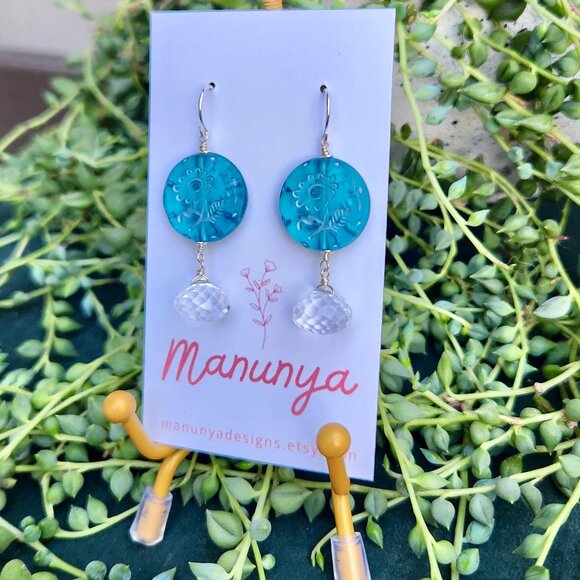 Dangle Flower Earrings - Blue, Green, Purple - Picture 12 of 13